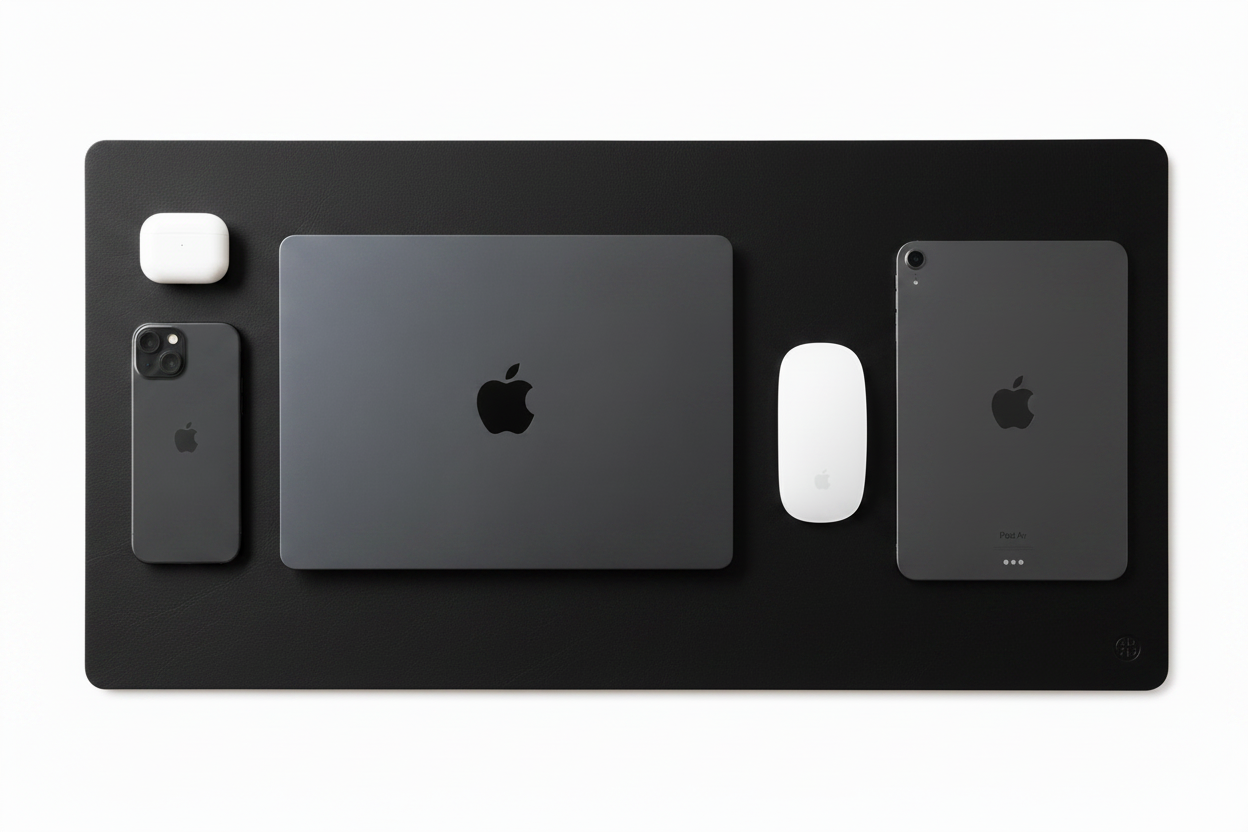 A rectangular brown leather desk mat with rounded corners, shown from a top-down view on a white background. It is styled with various Apple devices, including a laptop, tablet, phone, mouse, and earbud case.
