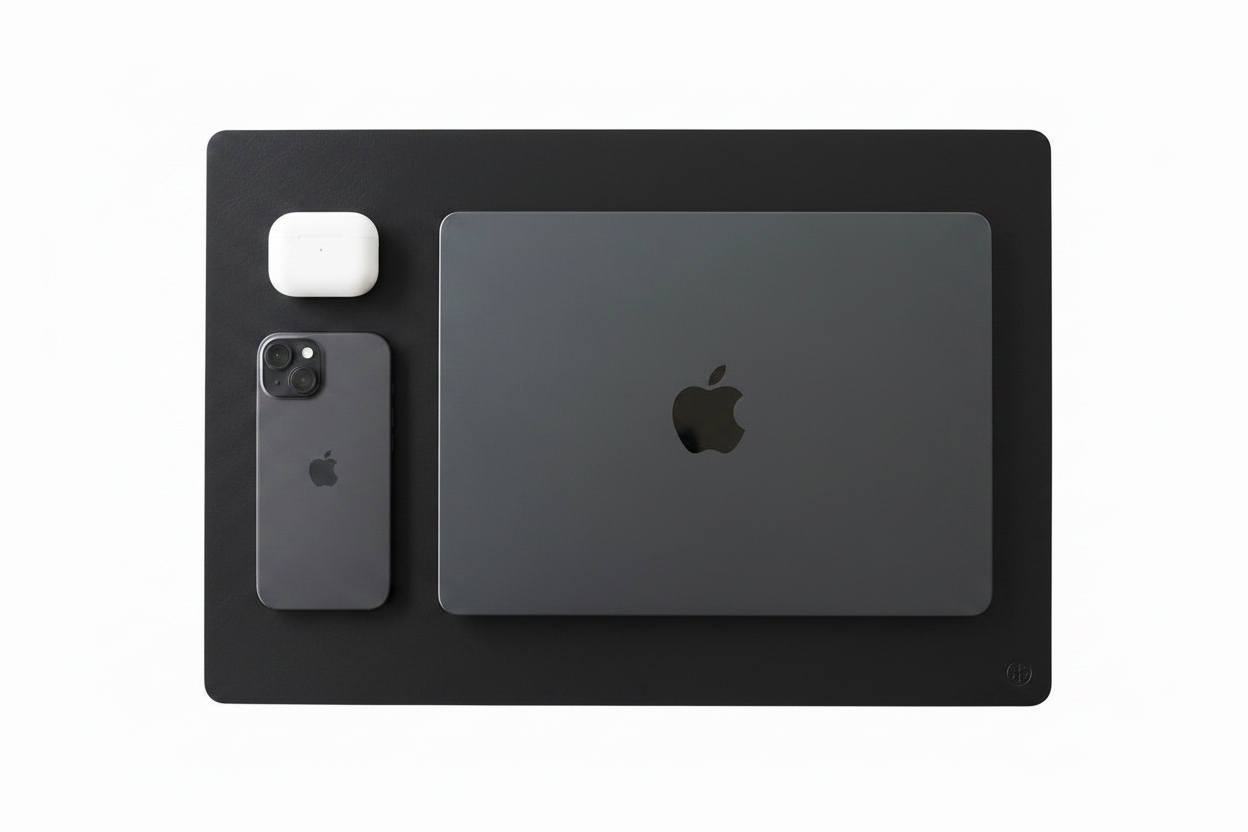 A brown leather desk mat with rounded corners, shown flat-lay with a closed black Apple MacBook, a black Apple iPhone, and a white wireless earbud case on a white background.