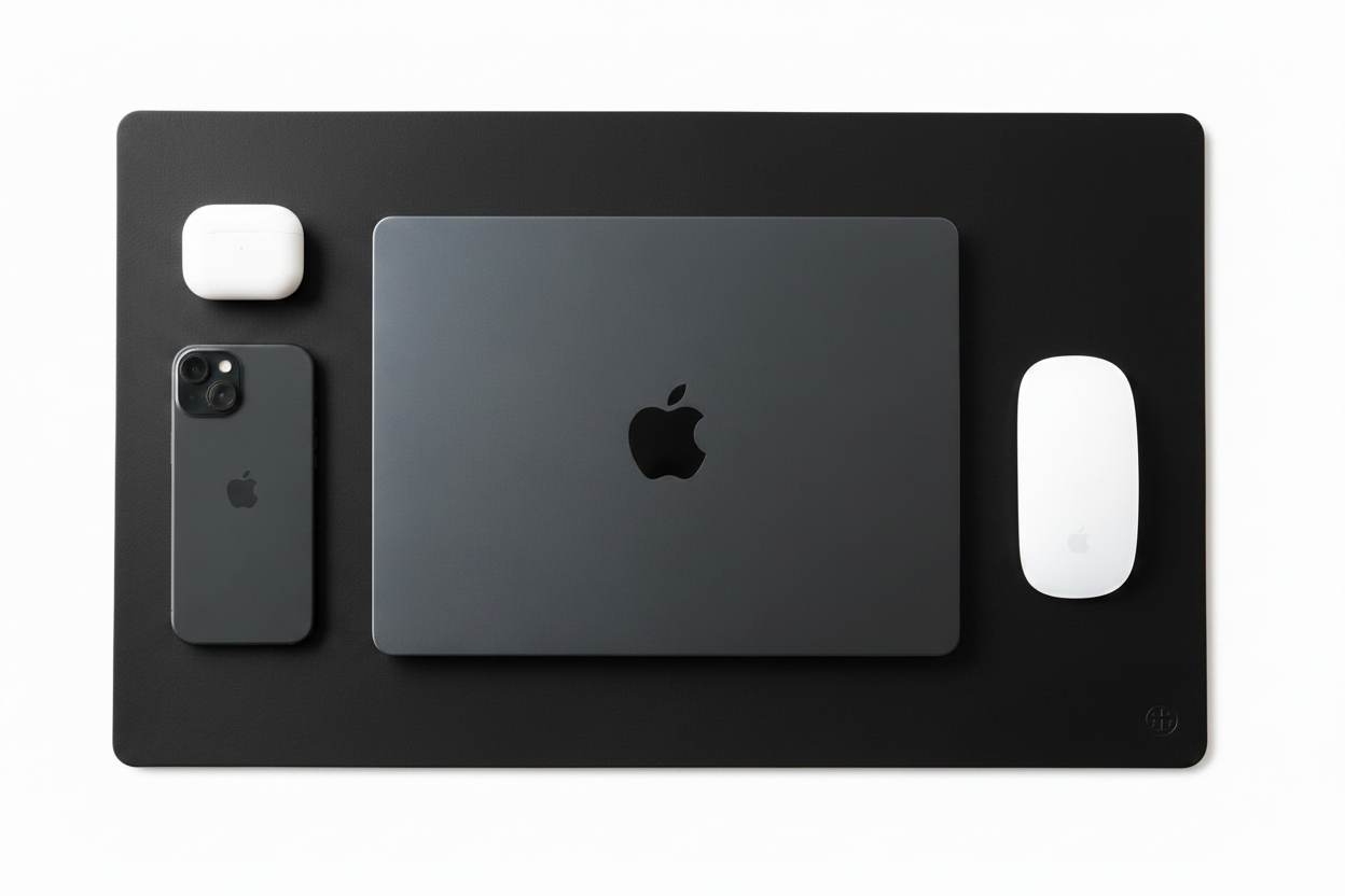 A brown leather desk mat with a small embossed logo in the bottom right corner, styled with a black laptop, a black smartphone, a white earbud case, and a white wireless mouse on a white background.