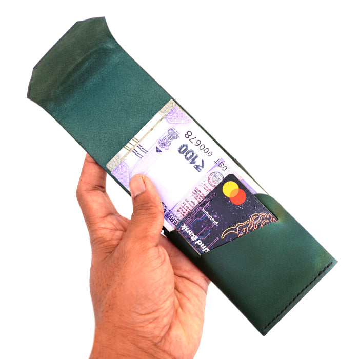 Open leather wallet showing minimalist design