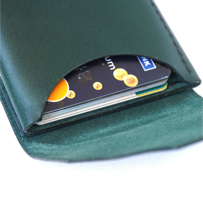 Close-up of card slot in full grain leather wallet